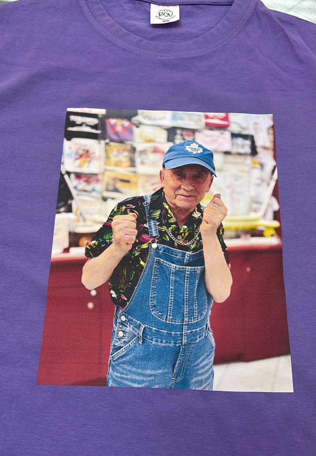 Photo print on purple T-shirt